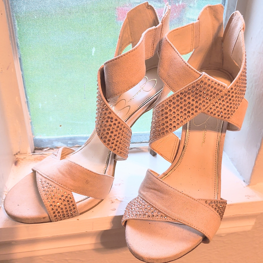Jessica Simpson Blush Tan Rhinestone Strappy Heels